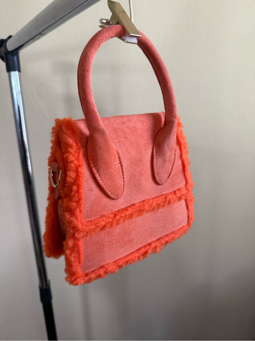 Nasty Gal Coral Orange Suede & Shearling Top-Handle Satchel